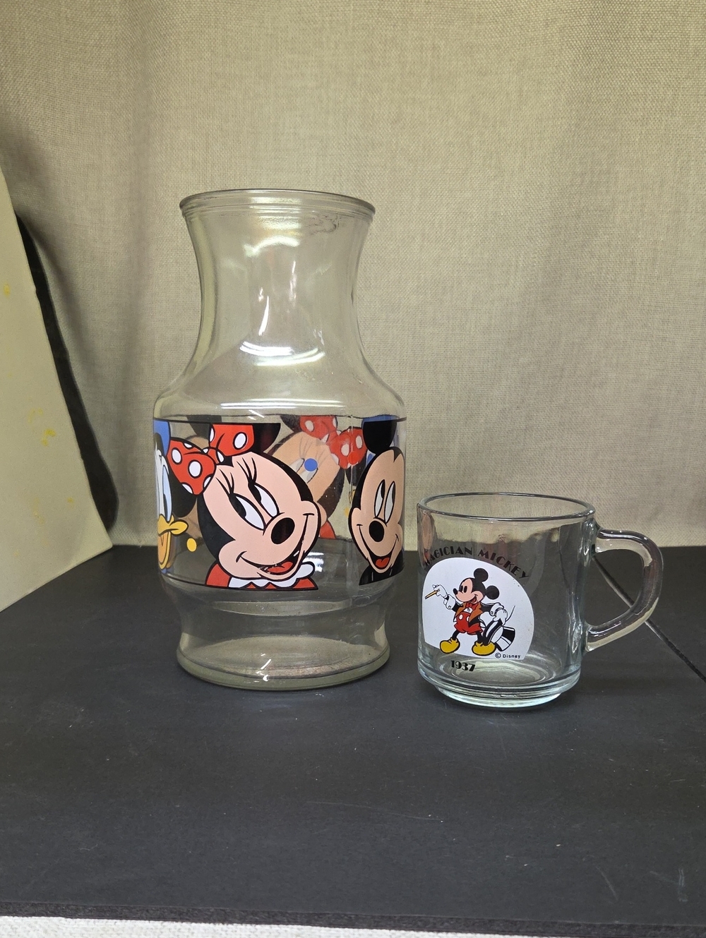 Vintage Anchor Hocking Disney Glass Carafe Mickey Minnie Donald Plus Mickey Mug